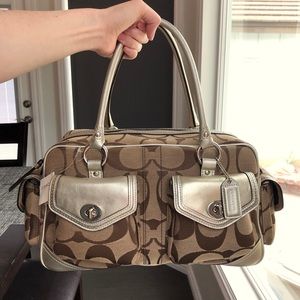 Coach signature large satchel with gold leather